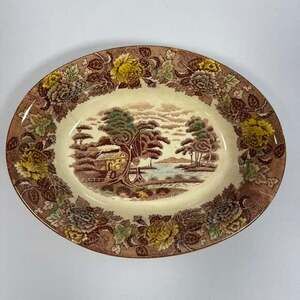 Vintage Nasco Japan Mountain Woodland Oval Serving Bowl
